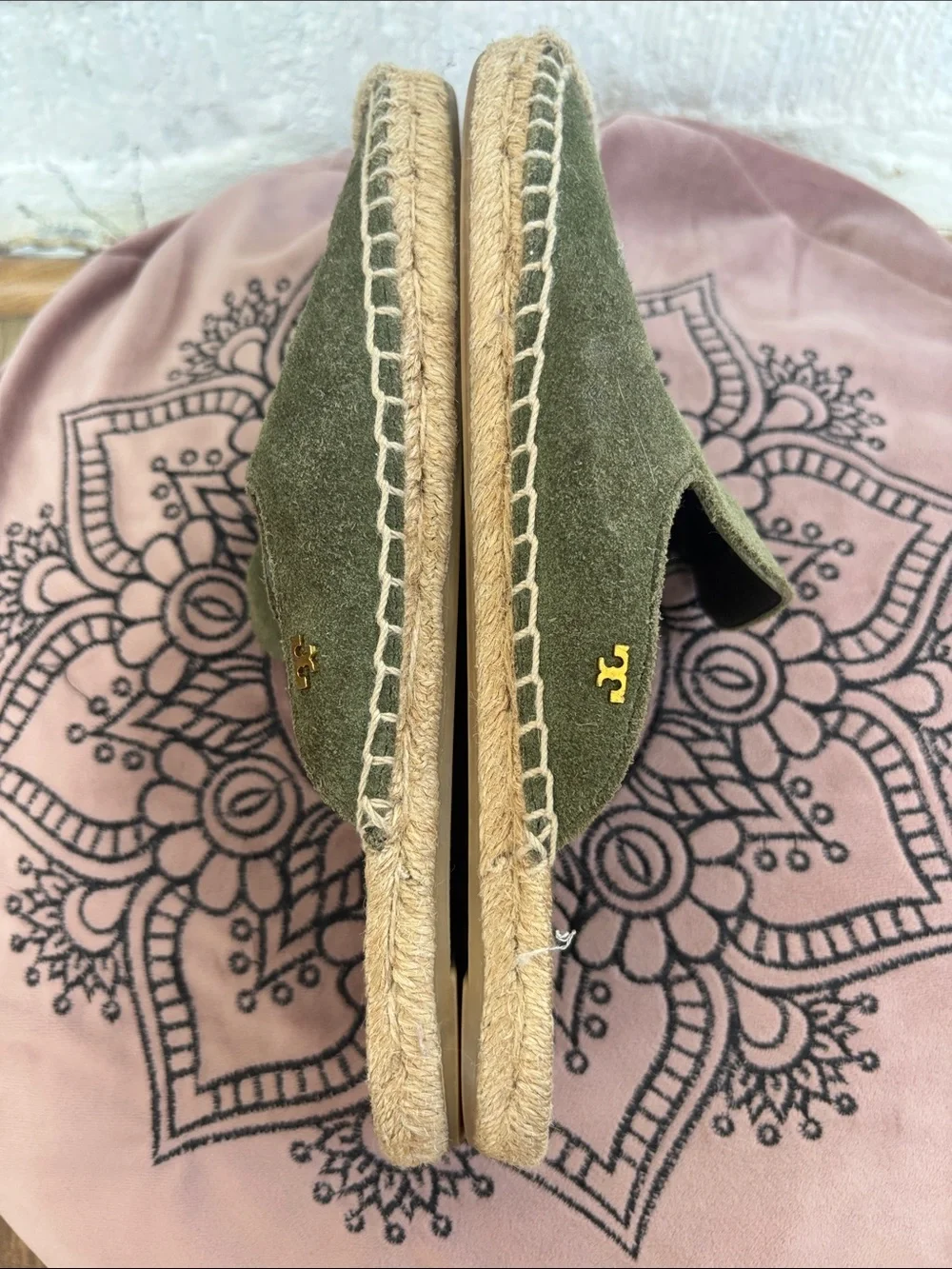 Tory Burch Suede Espardrille Olive Green Slide Leather Mules sz 6